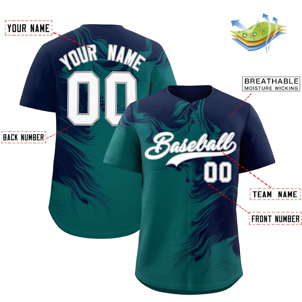 Custom Navy Aqua Personalized Ink Pattern Authentic Baseball Jersey