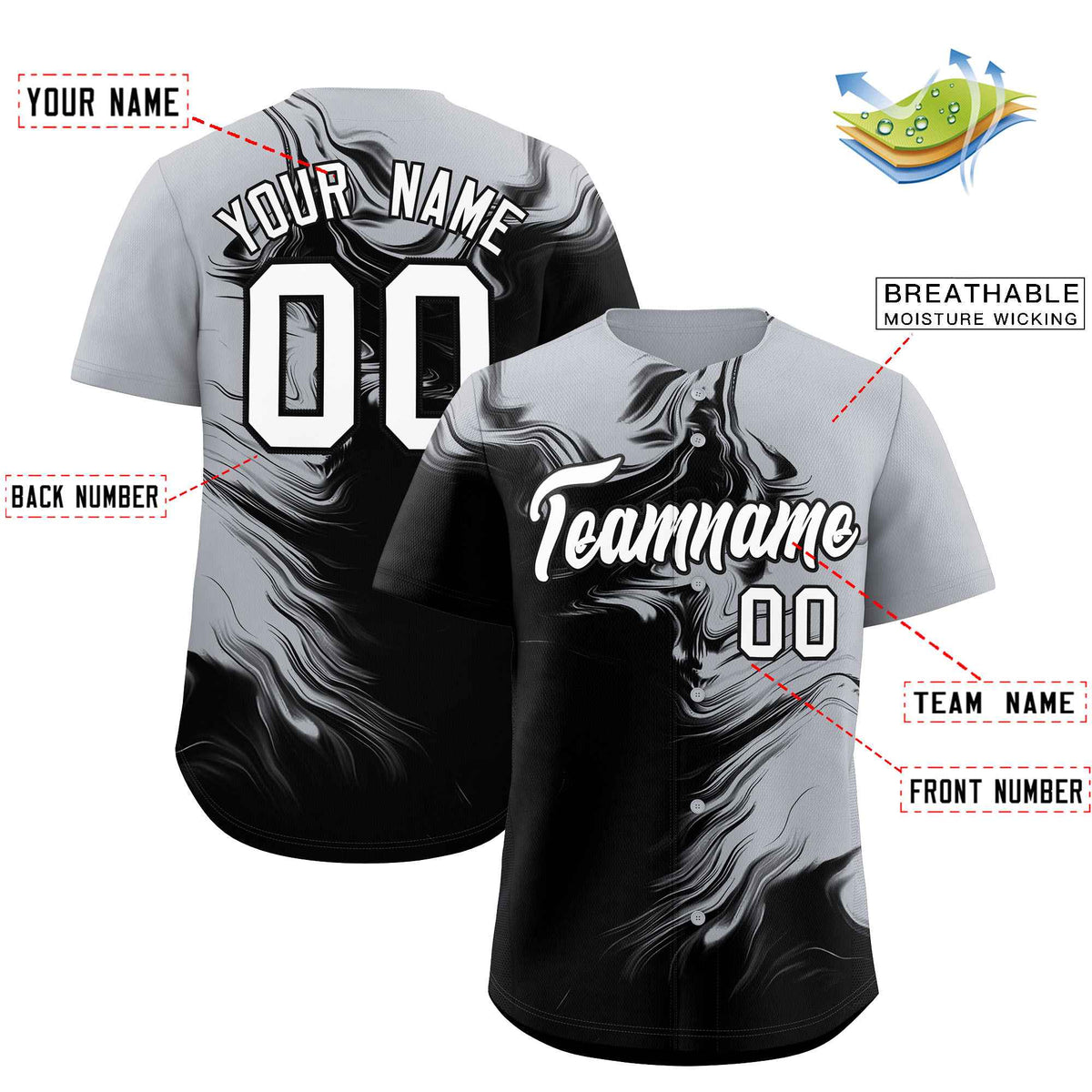 Custom Gray Black Personalized Ink Pattern Authentic Baseball Jersey