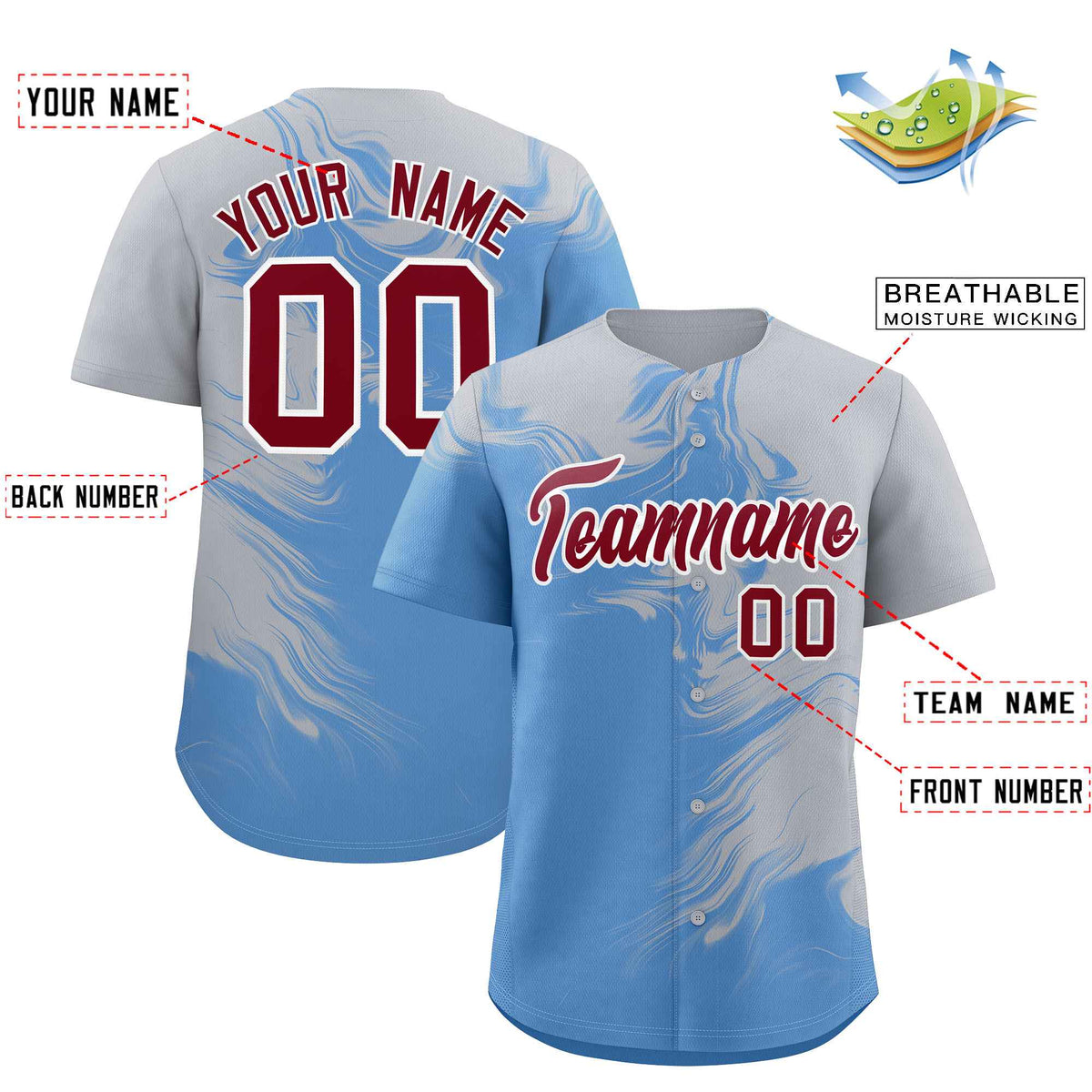 Custom Gray Powder Blue Personalized Ink Pattern Authentic Baseball Jersey