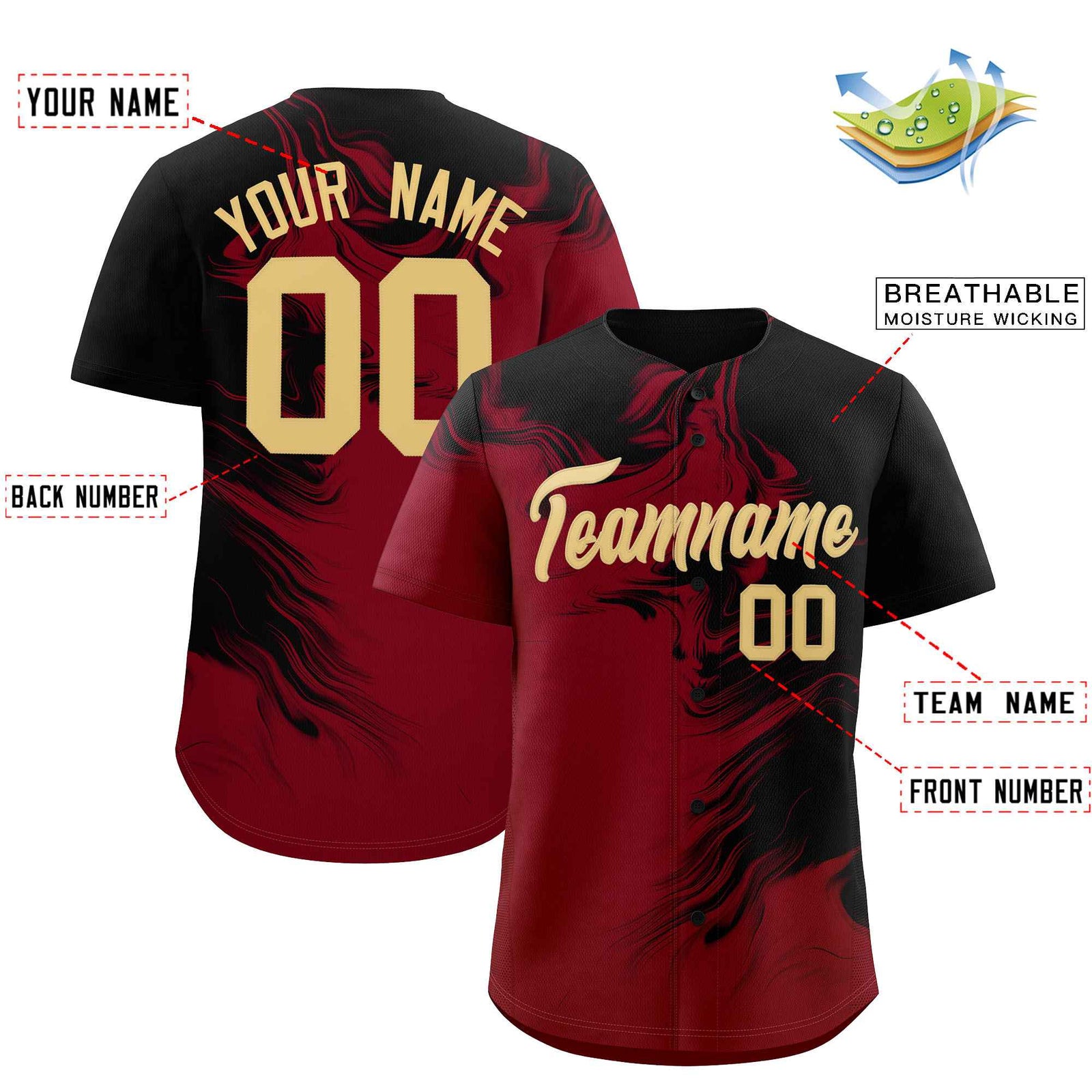 Custom Black Crimson Personalized Ink Pattern Authentic Baseball Jersey