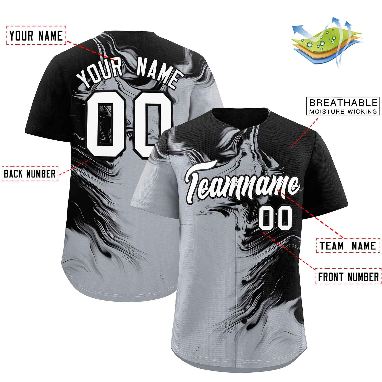 Custom Black Gray Personalized Ink Pattern Authentic Baseball Jersey