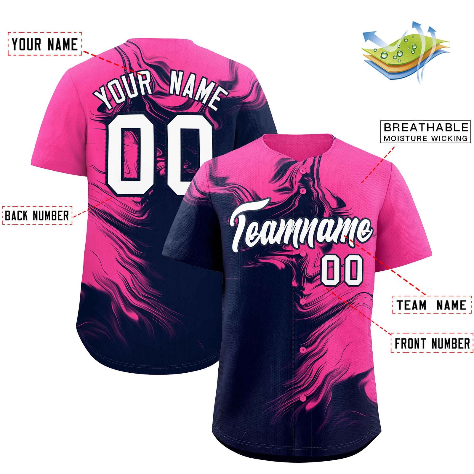 Custom Pink Navy Personalized Ink Pattern Authentic Baseball Jersey