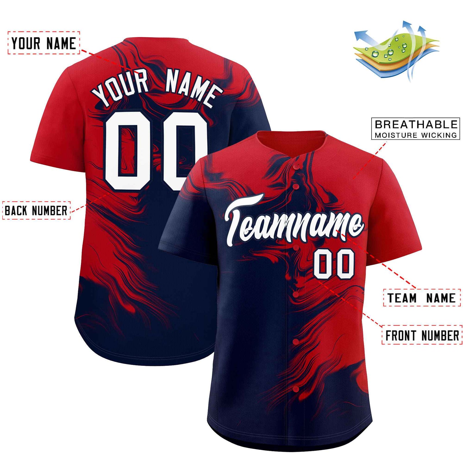 Custom Red Navy Personalized Ink Pattern Authentic Baseball Jersey