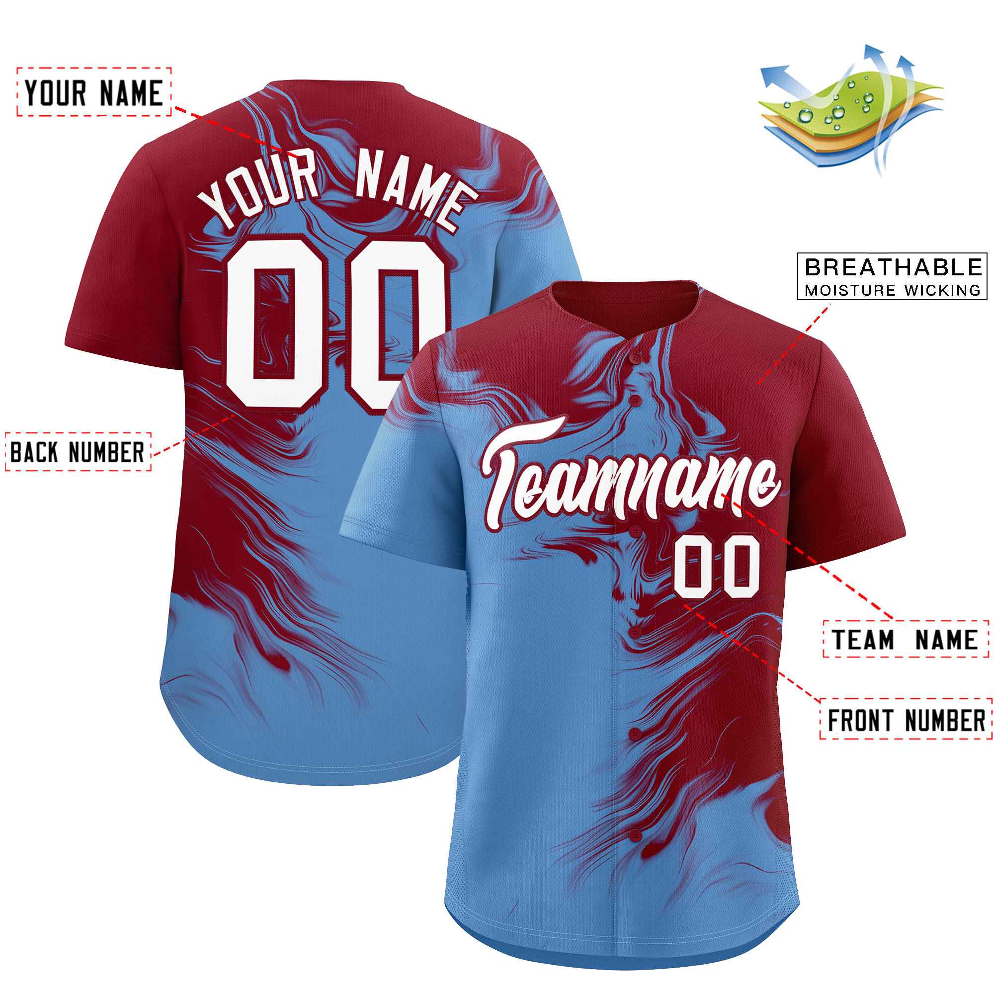 Custom Crimson Powder Blue Personalized Ink Pattern Authentic Baseball Jersey