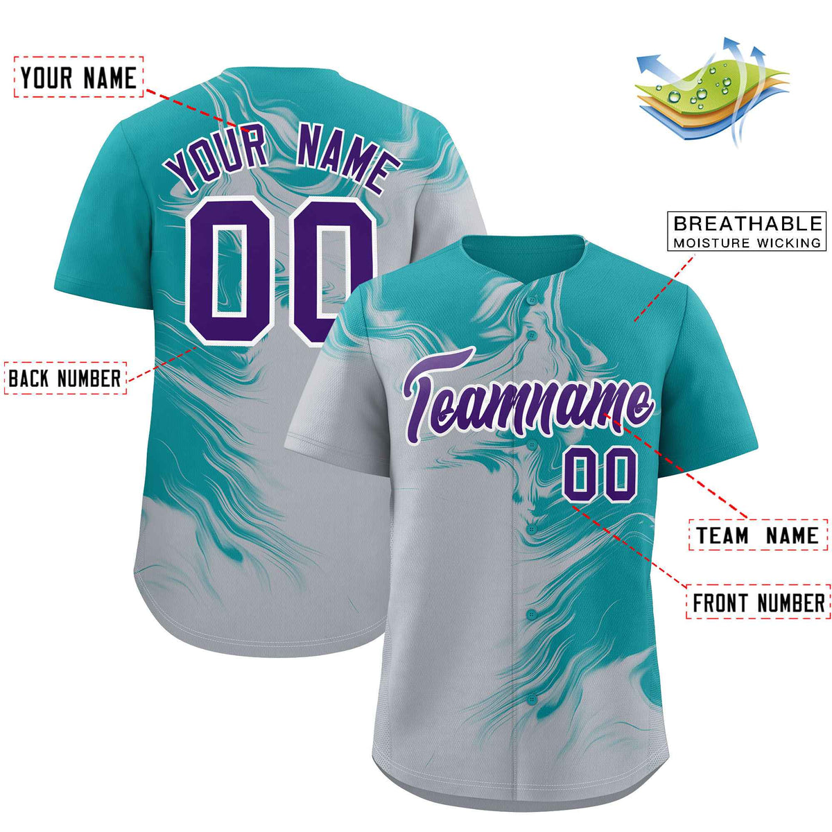 Custom Aqua Gray Personalized Ink Pattern Authentic Baseball Jersey
