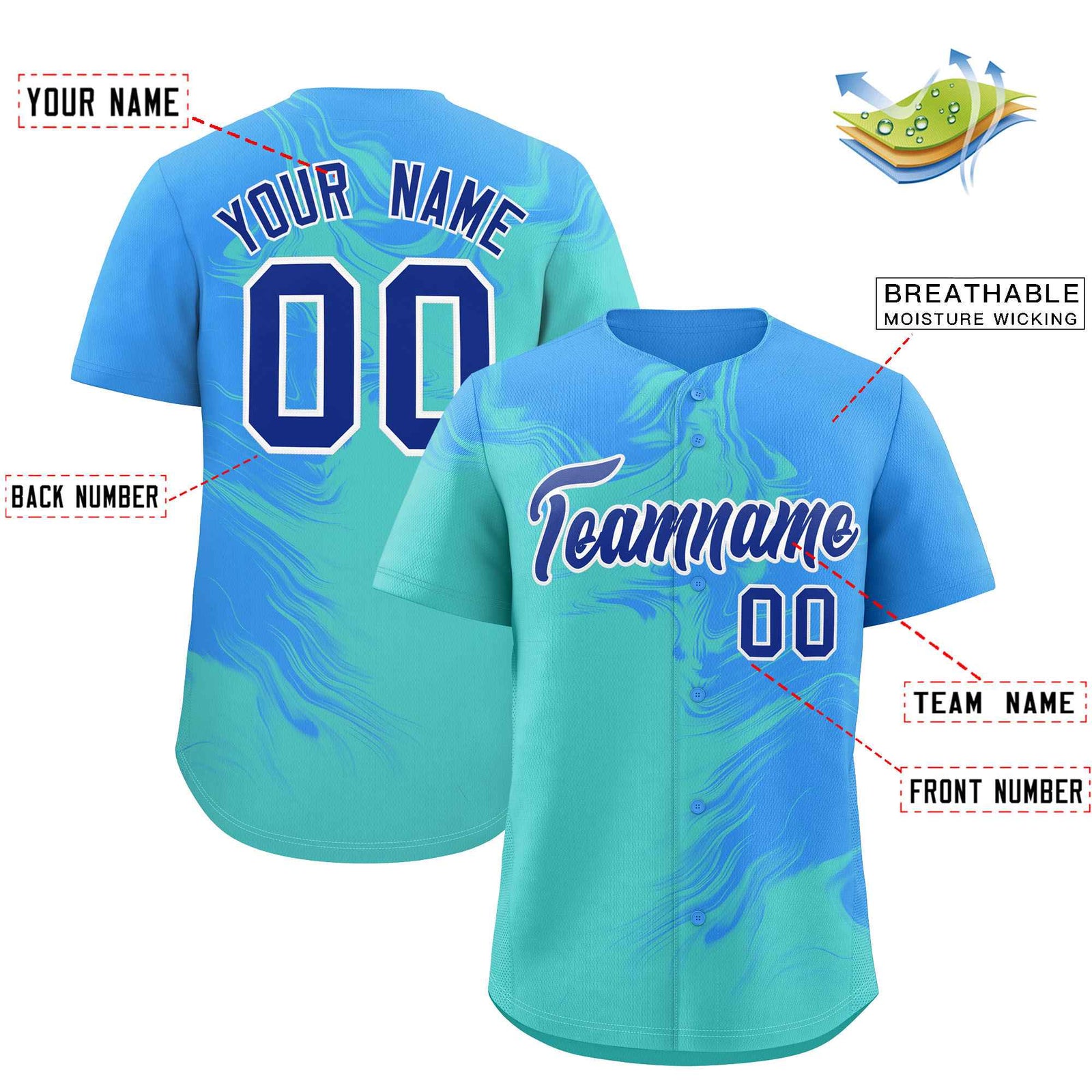 Custom Powder Blue Bright Green Personalized Ink Pattern Authentic Baseball Jersey