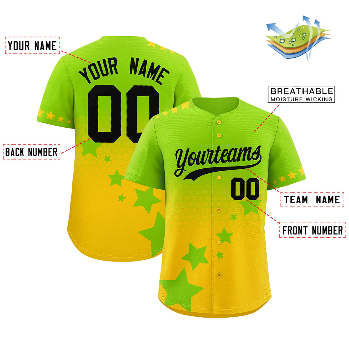 Custom Neon Green Gold Black Rising Stars Series Gradient Fashion Baseball Jersey| KXKSHOP