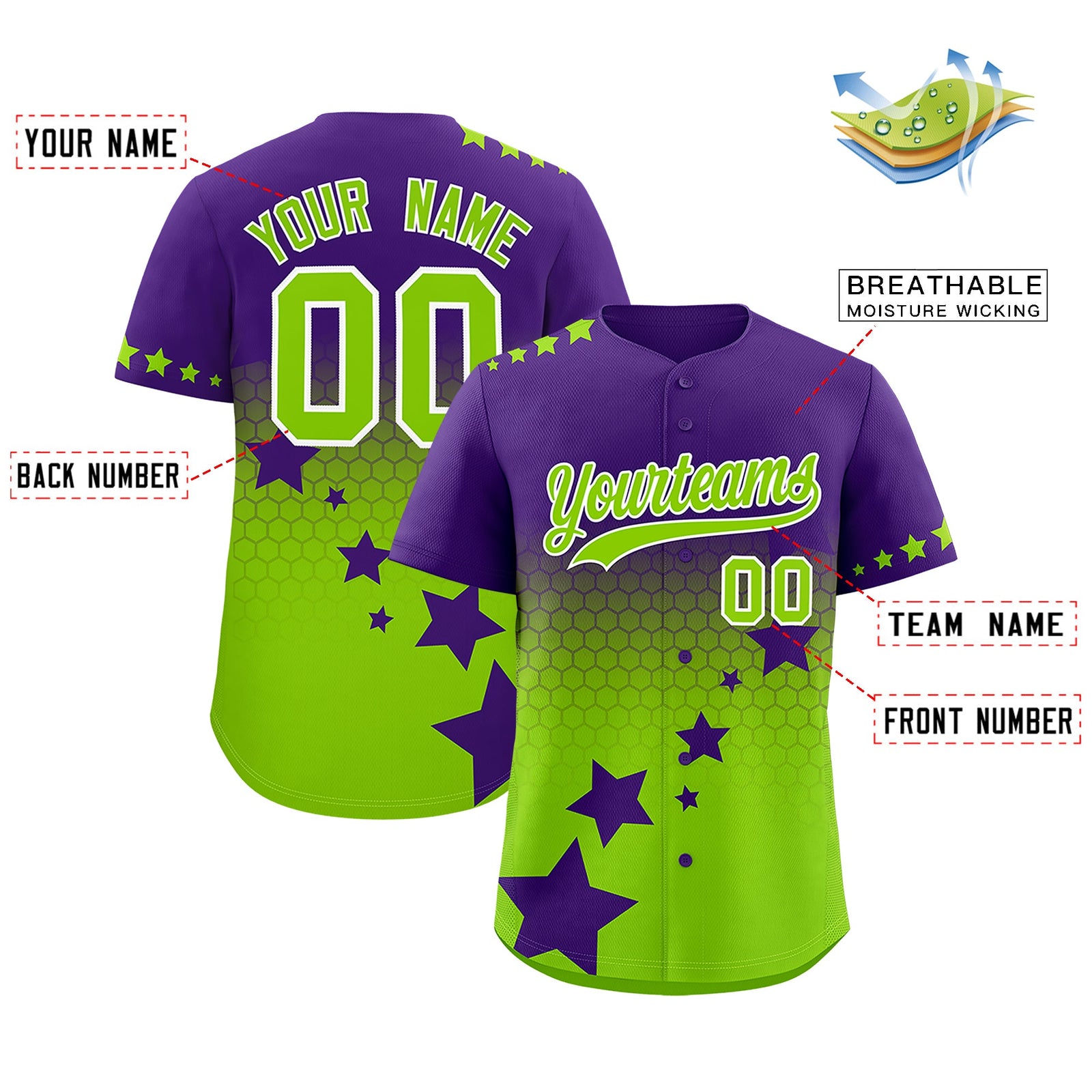Custom Purple Neon Green White Rising Stars Series Gradient Fashion Baseball Jersey| KXKSHOP