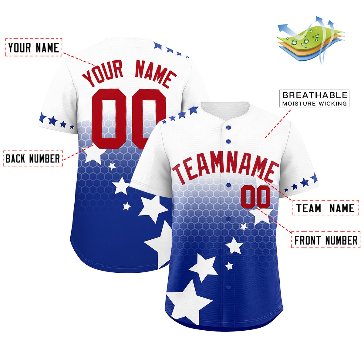 Custom White Royal Blue Red Rising Stars Series Gradient Fashion Baseball Jersey| KXKSHOP
