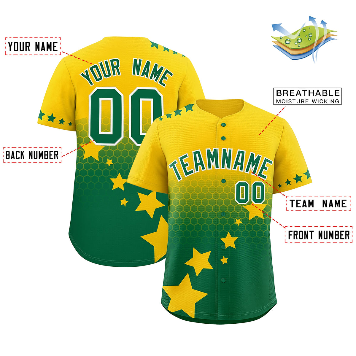 Custom Gold Kelly Green White Rising Stars Series Gradient Fashion Baseball Jersey| KXKSHOP