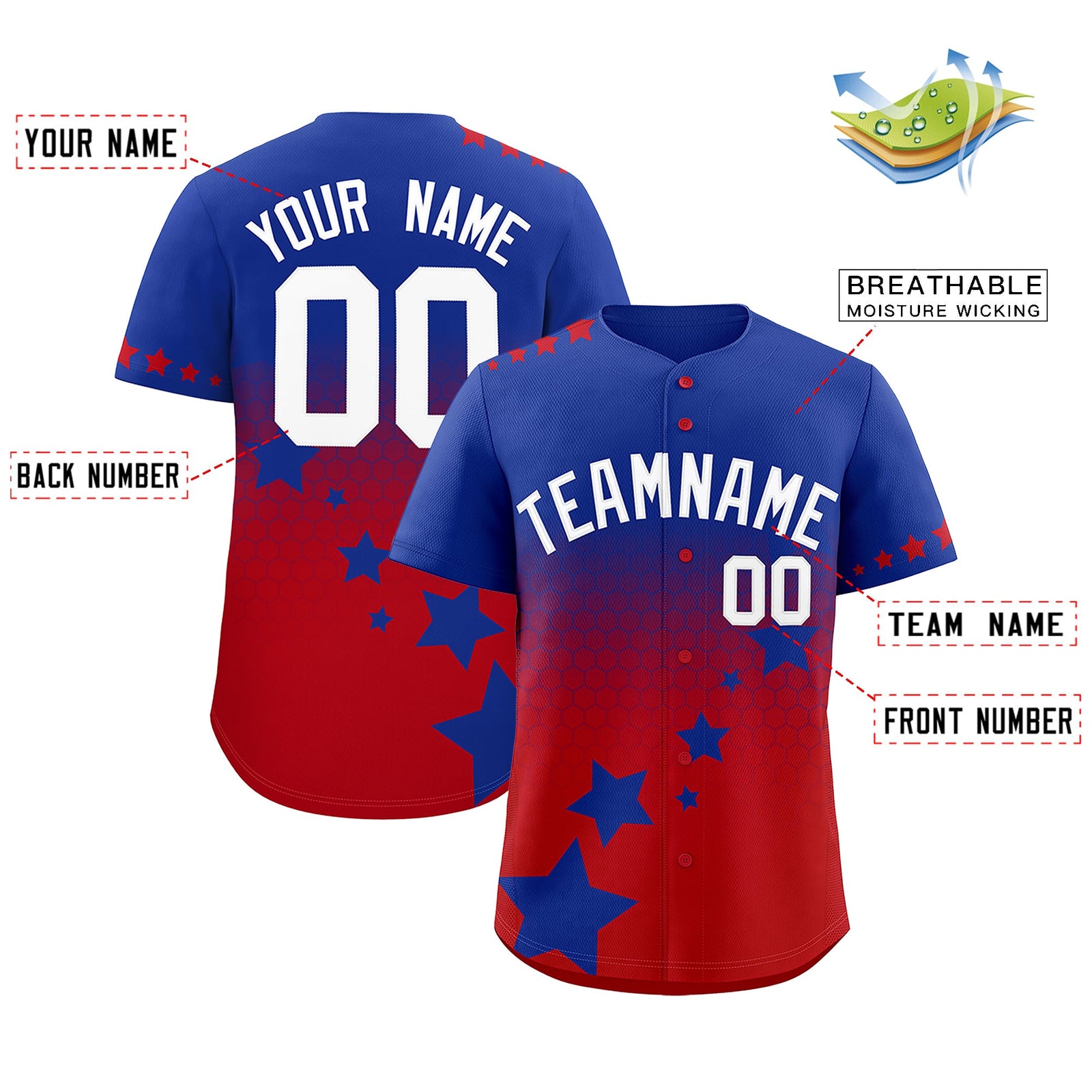 Custom Royal Blue Red White Rising Stars Series Gradient Fashion Baseball Jersey| KXKSHOP