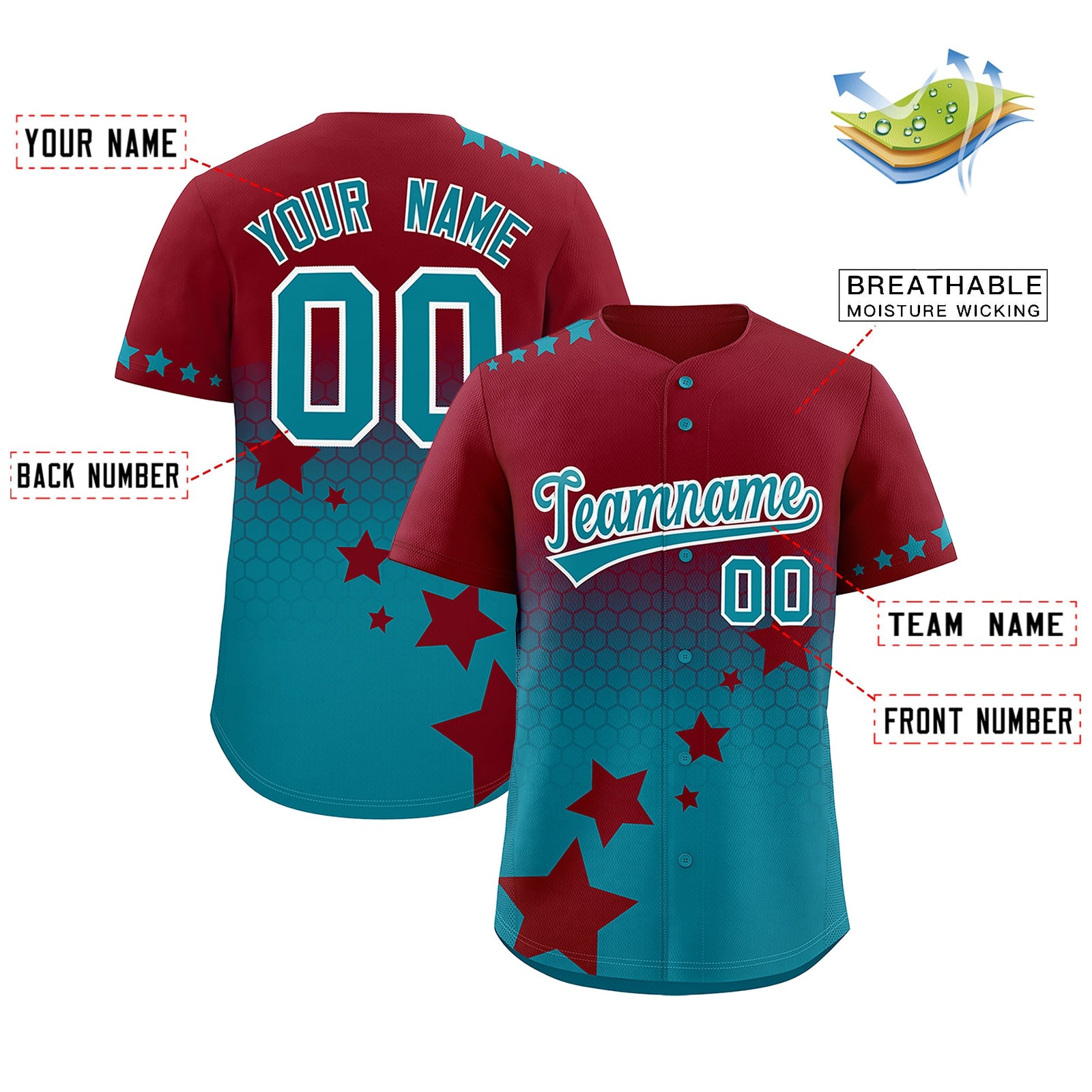 Custom Crimson Teal White Rising Stars Series Gradient Fashion Baseball Jersey| KXKSHOP