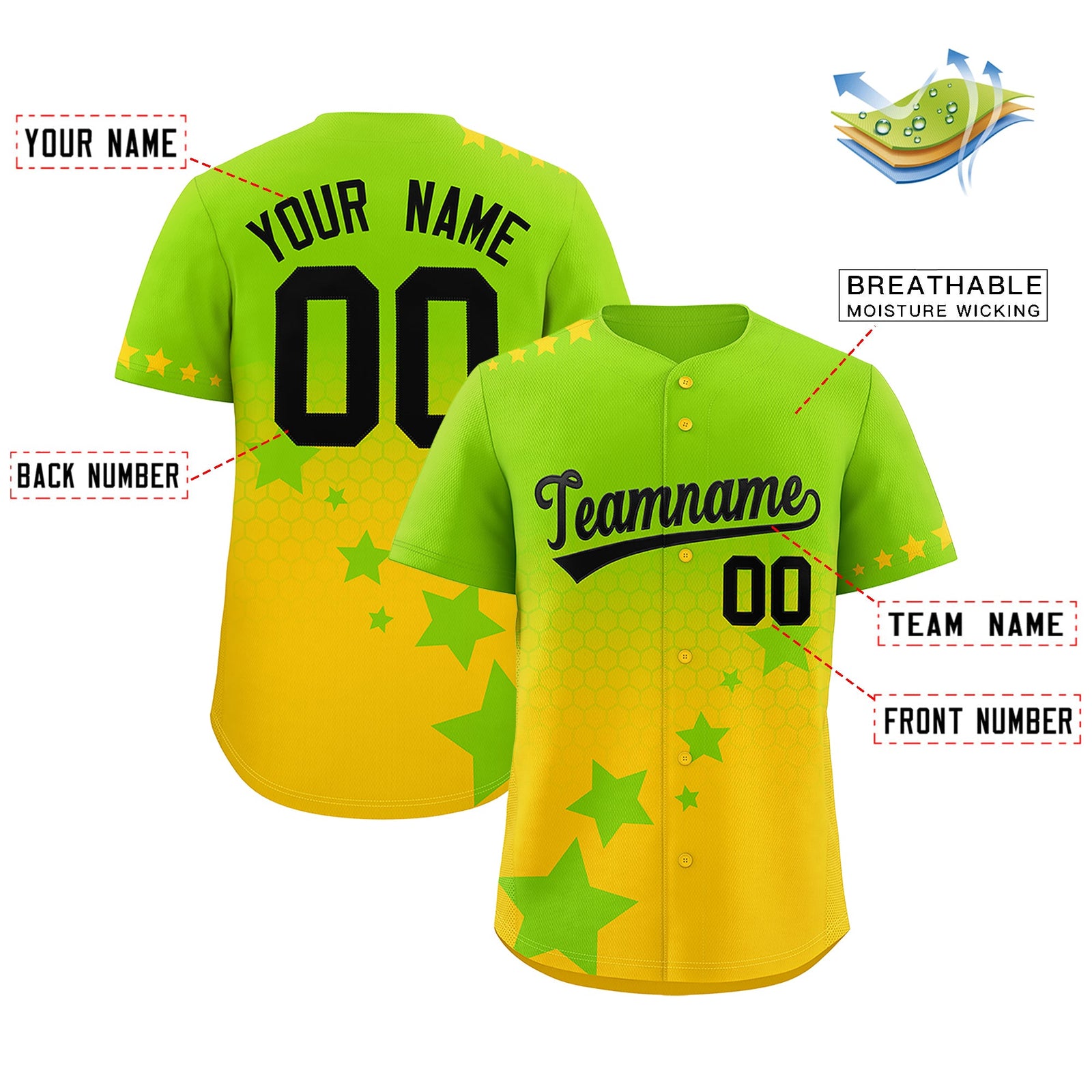 Custom Neon Green Gold Black Rising Stars Series Gradient Fashion Baseball Jersey| KXKSHOP