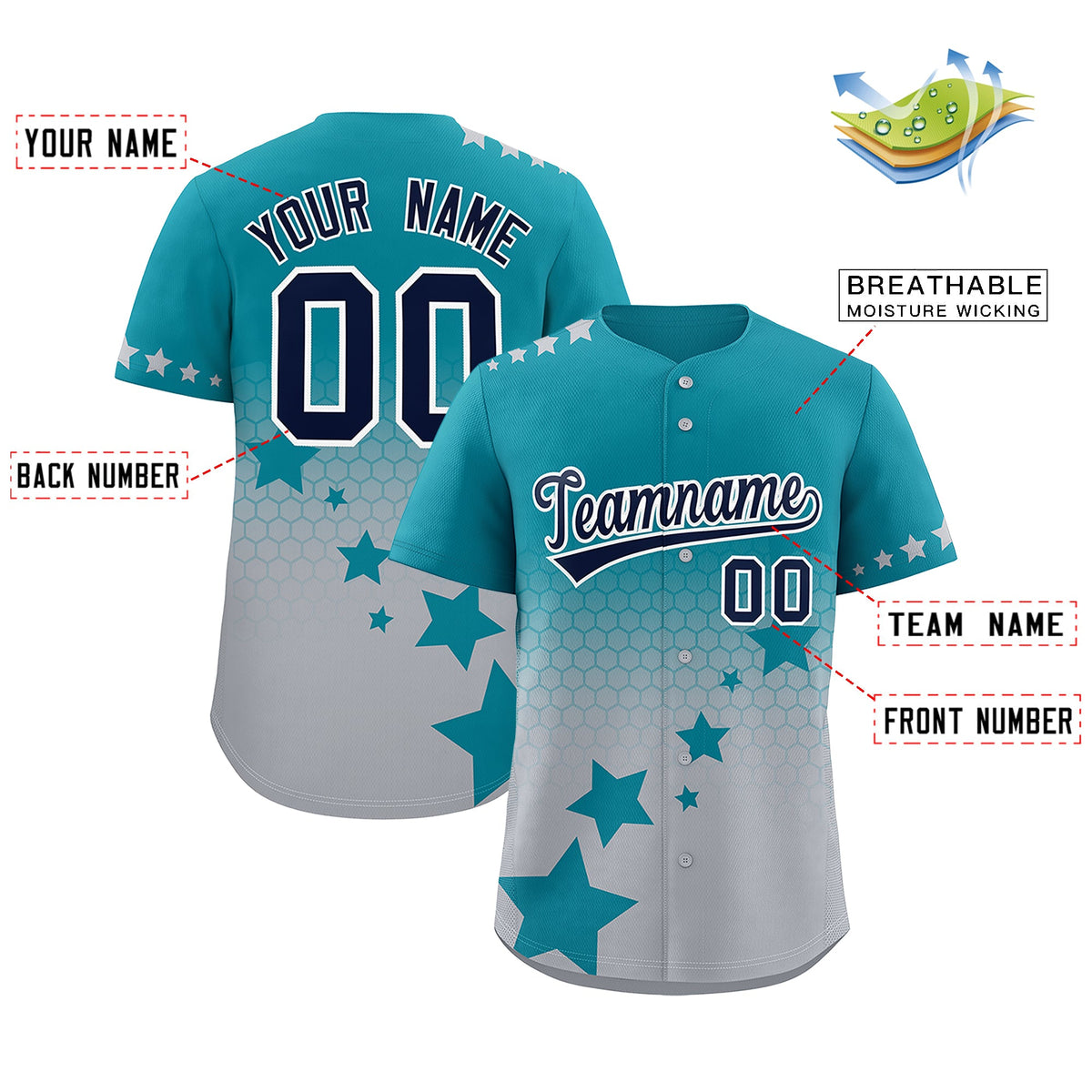 Custom Teal Gray Navy Rising Stars Series Gradient Fashion Baseball Jersey| KXKSHOP