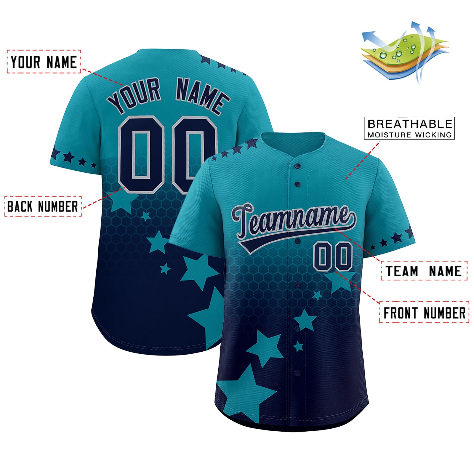 Custom Teal Navy Gray Rising Stars Series Gradient Fashion Baseball Jersey| KXKSHOP