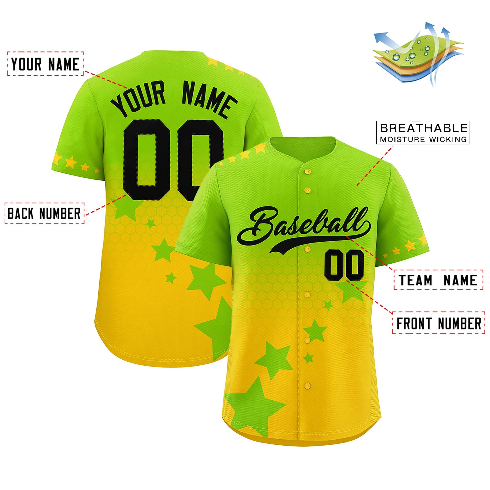 Custom Neon Green Gold Black Rising Stars Series Gradient Fashion Baseball Jersey| KXKSHOP