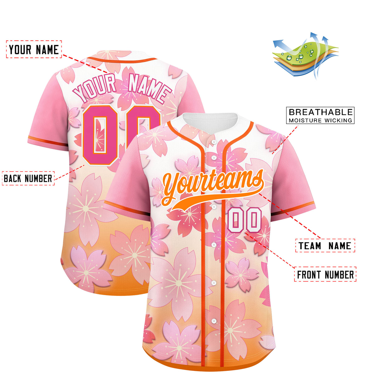 Custom Gold Orange Pink Gradient Fashion Elastic Baseball Jersey| KXKSHOP