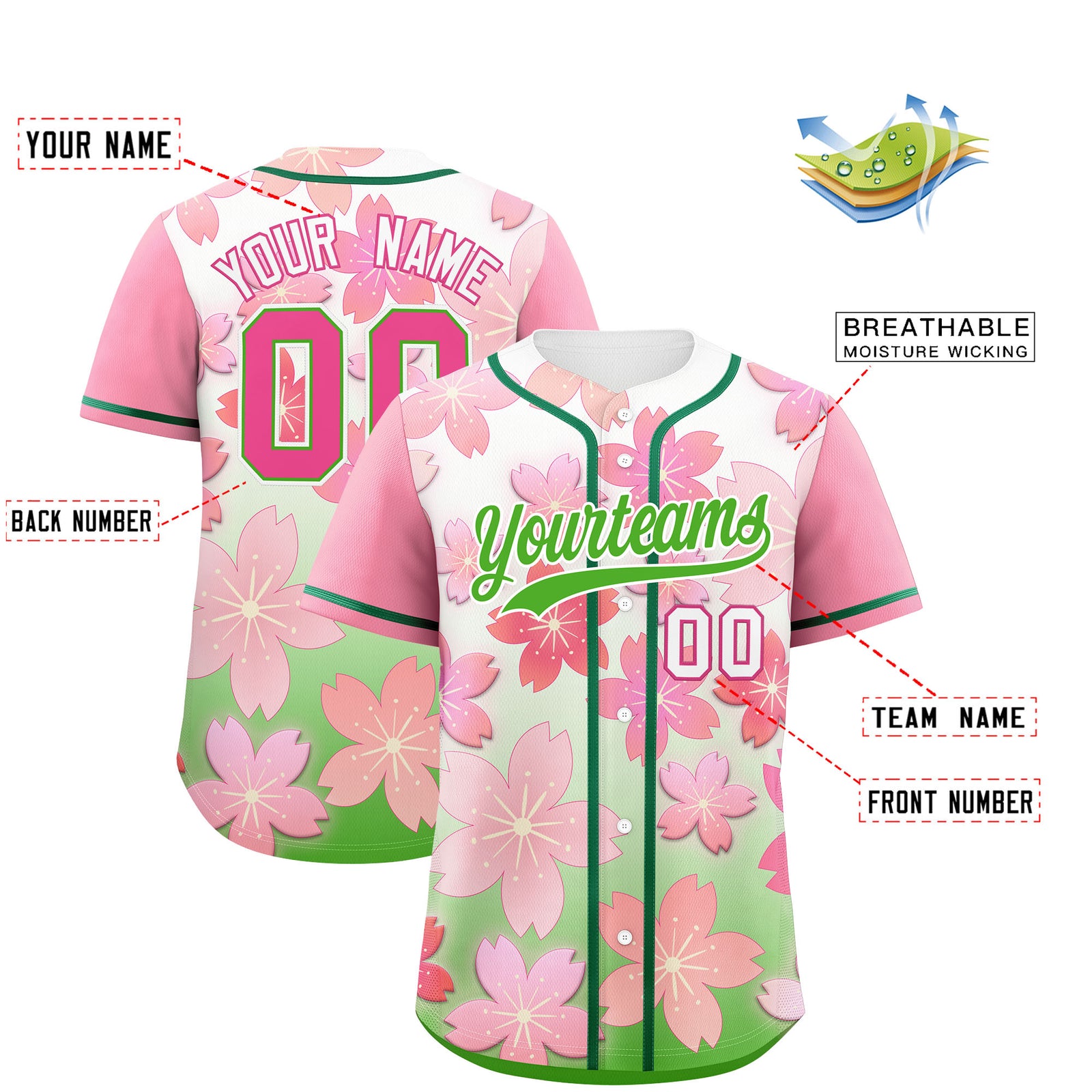 Custom Light Green Pink Gradient Fashion Elastic Baseball Jersey| KXKSHOP