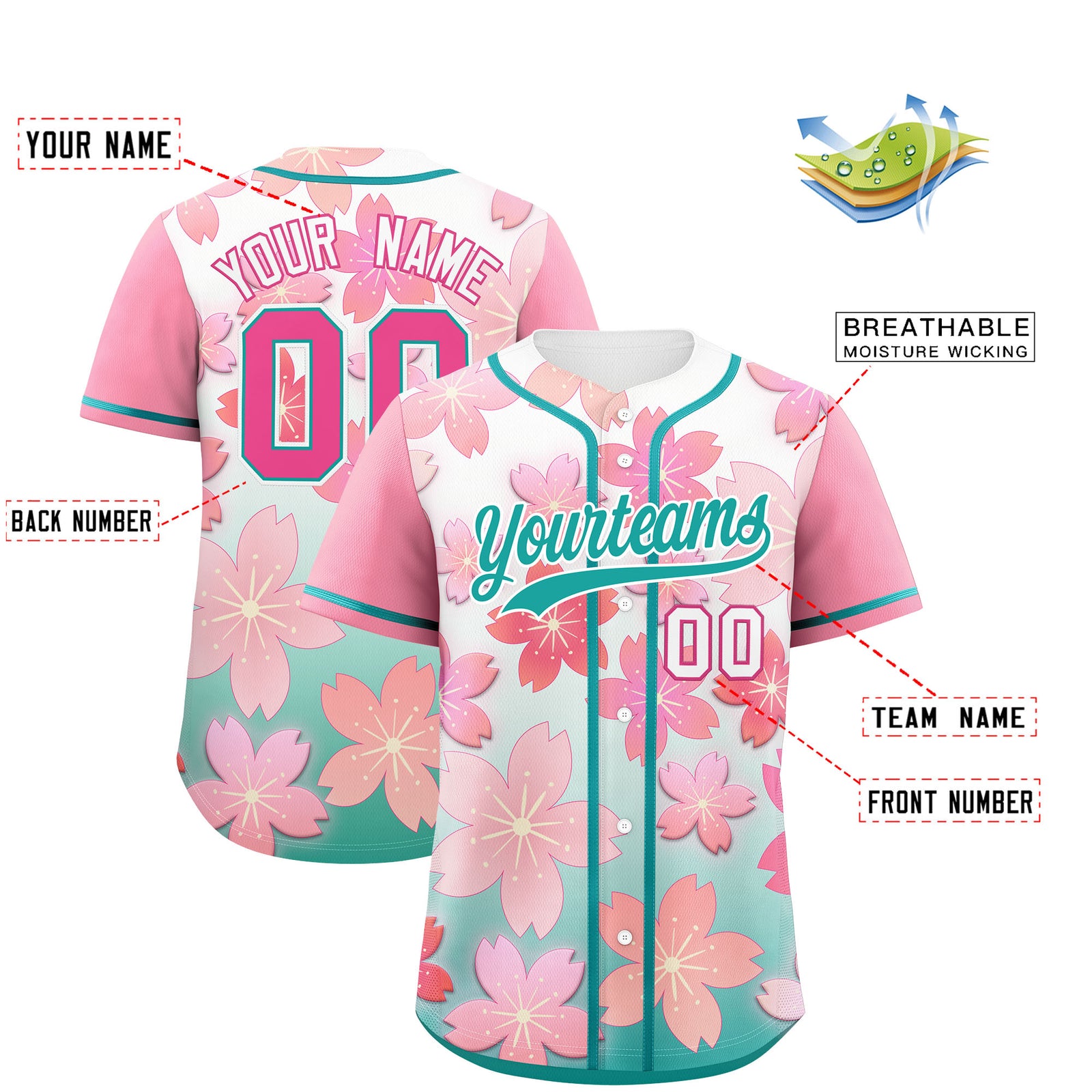 Custom Aqua Pink Gradient Fashion Elastic Baseball Jersey| KXKSHOP
