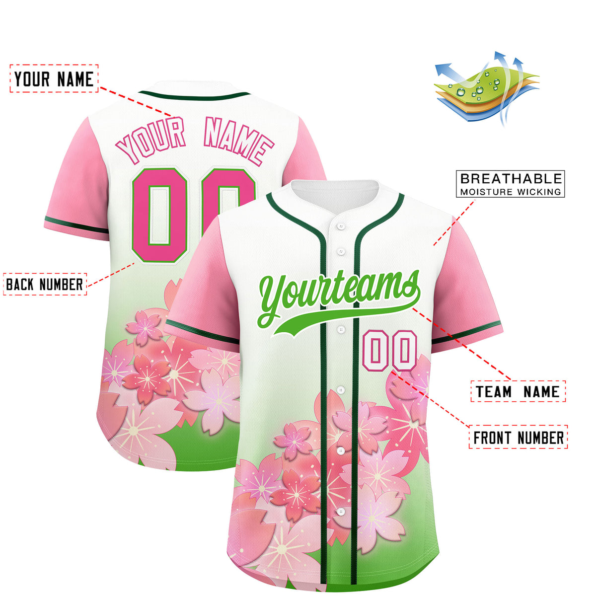 Custom Light Green Pink Gradient Fashion Elastic Baseball Jersey| KXKSHOP