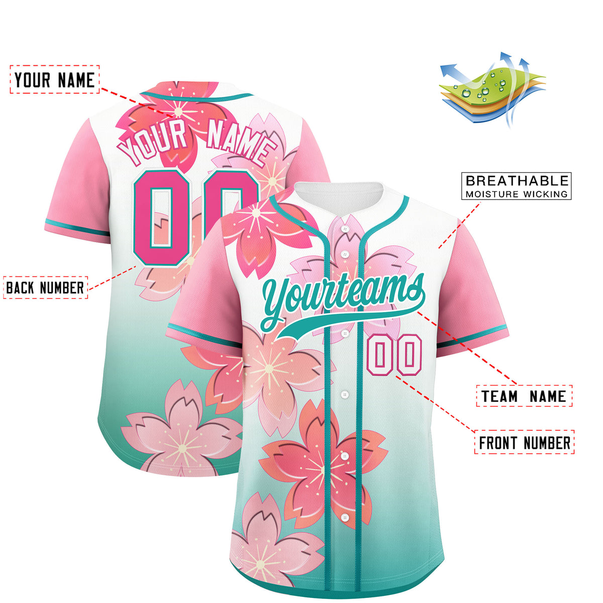 Custom Aqua Pink Gradient Fashion Elastic Baseball Jersey| KXKSHOP