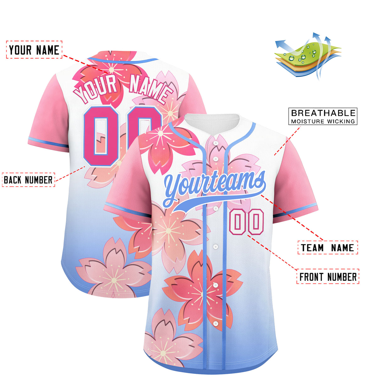 Custom Light Blue Pink Gradient Fashion Elastic Baseball Jersey| KXKSHOP