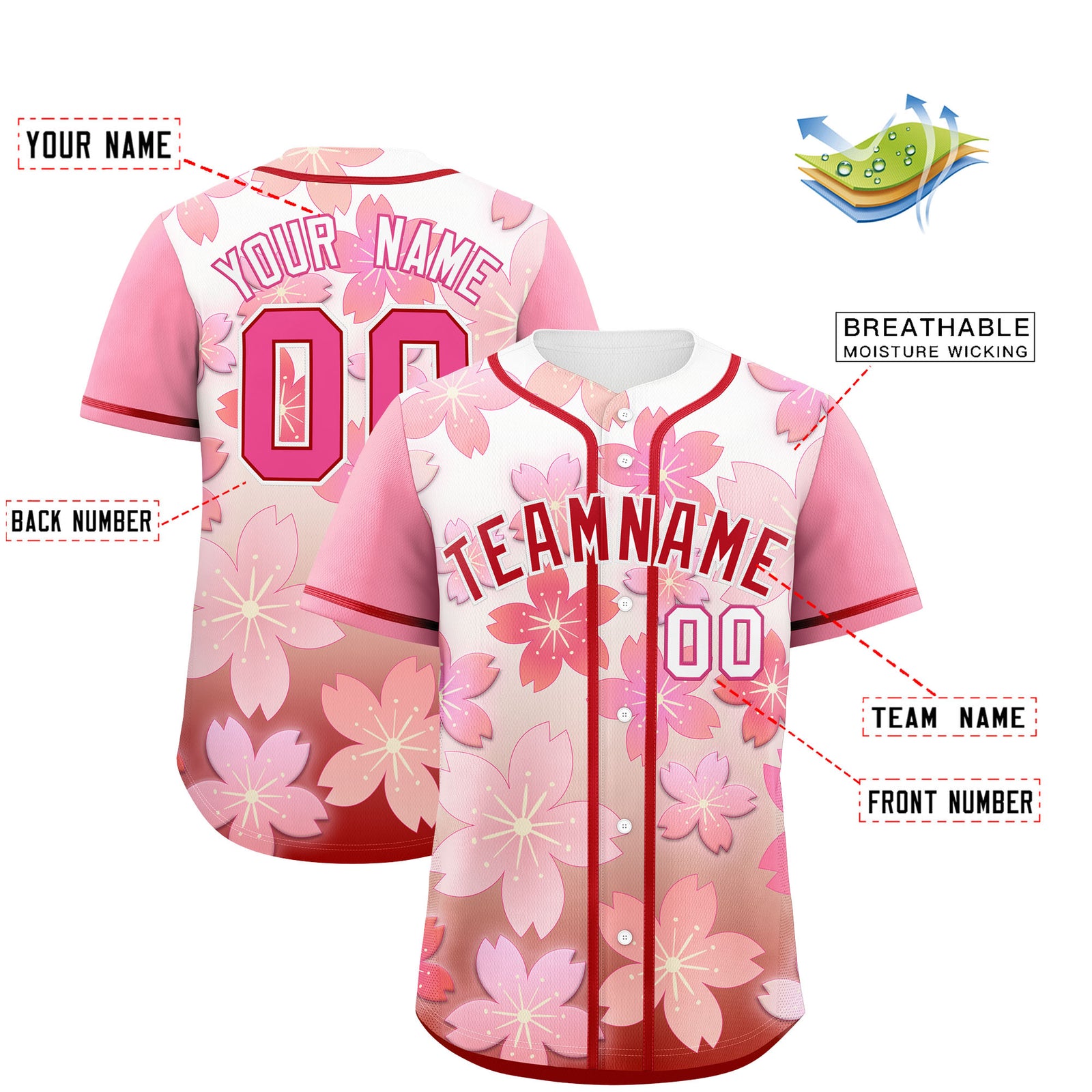 Custom Pink Red Gradient Fashion Elastic Baseball Jersey| KXKSHOP