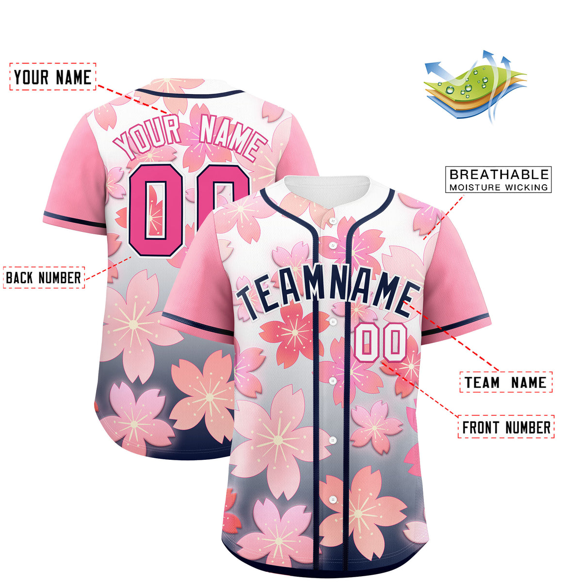 Custom Navy Pink Gradient Fashion Elastic Baseball Jersey| KXKSHOP