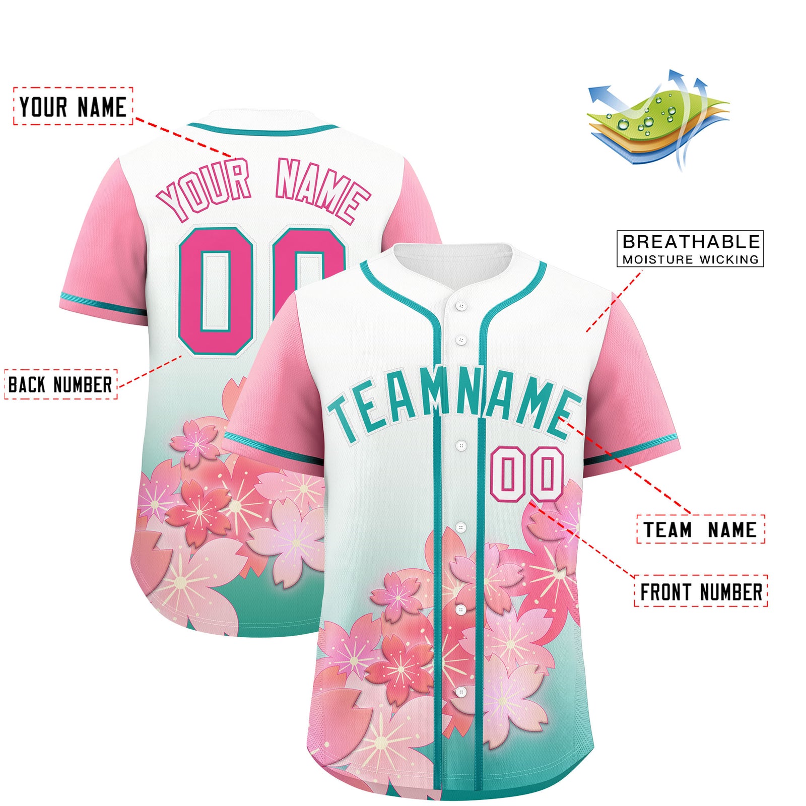 Custom Aqua Pink Gradient Fashion Elastic Baseball Jersey| KXKSHOP