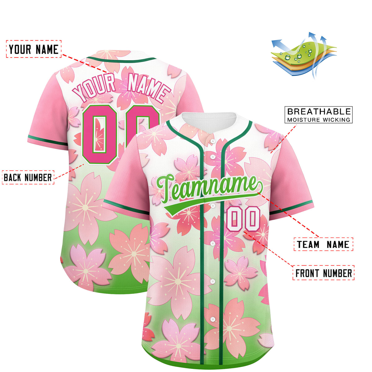 Custom Light Green Pink Gradient Fashion Elastic Baseball Jersey| KXKSHOP