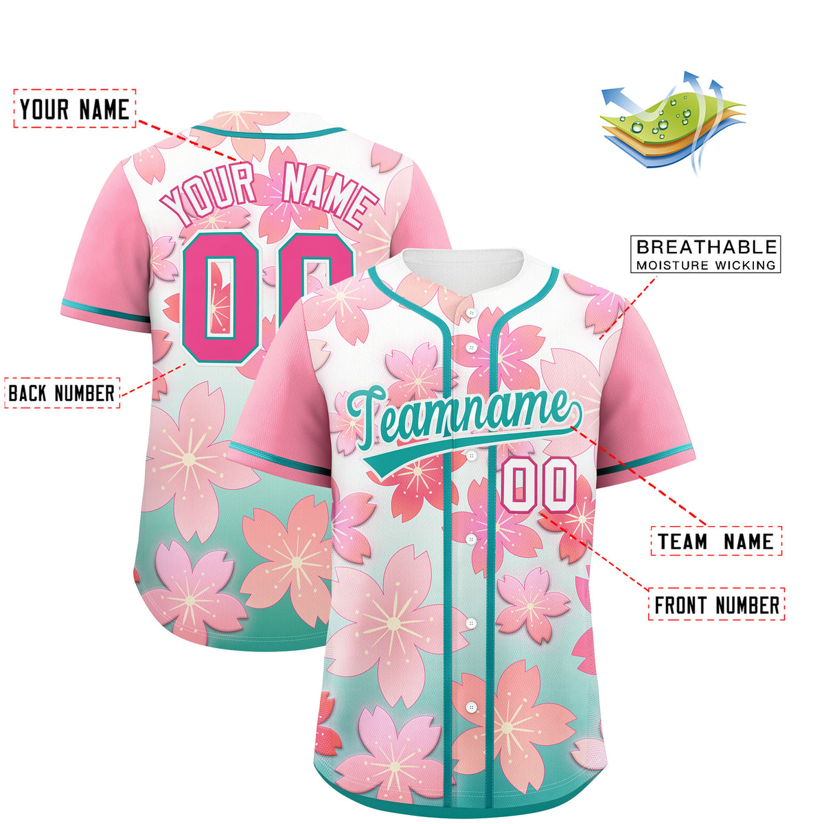 Custom Aqua Pink Gradient Fashion Elastic Baseball Jersey| KXKSHOP