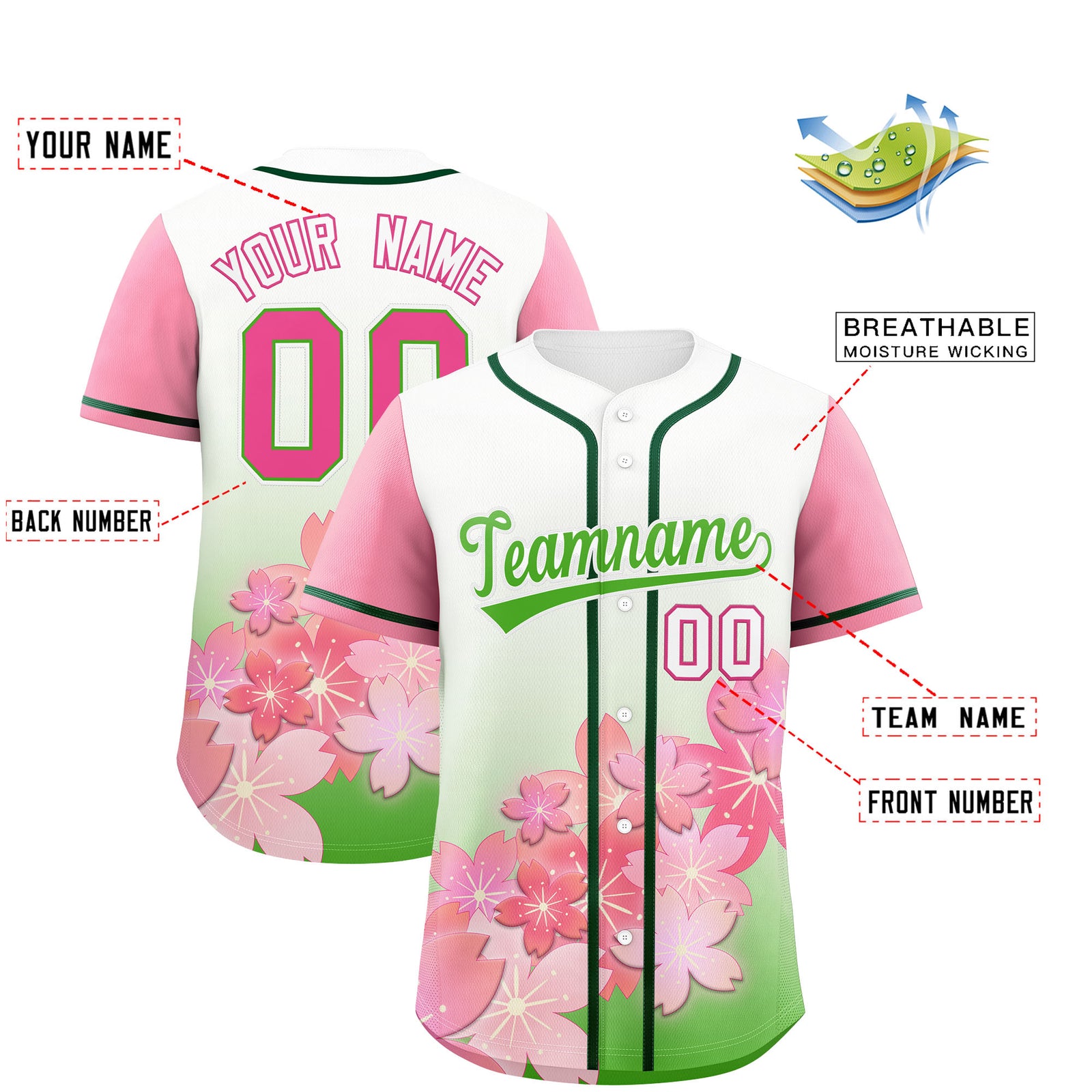 Custom Light Green Pink Gradient Fashion Elastic Baseball Jersey| KXKSHOP