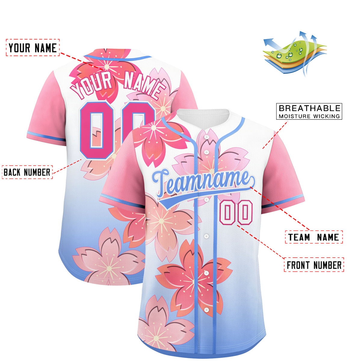 Custom Light Blue Pink Gradient Fashion Elastic Baseball Jersey| KXKSHOP