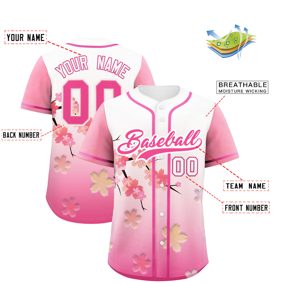 Custom White Pink Gradient Fashion Elastic Baseball Jersey| KXKSHOP