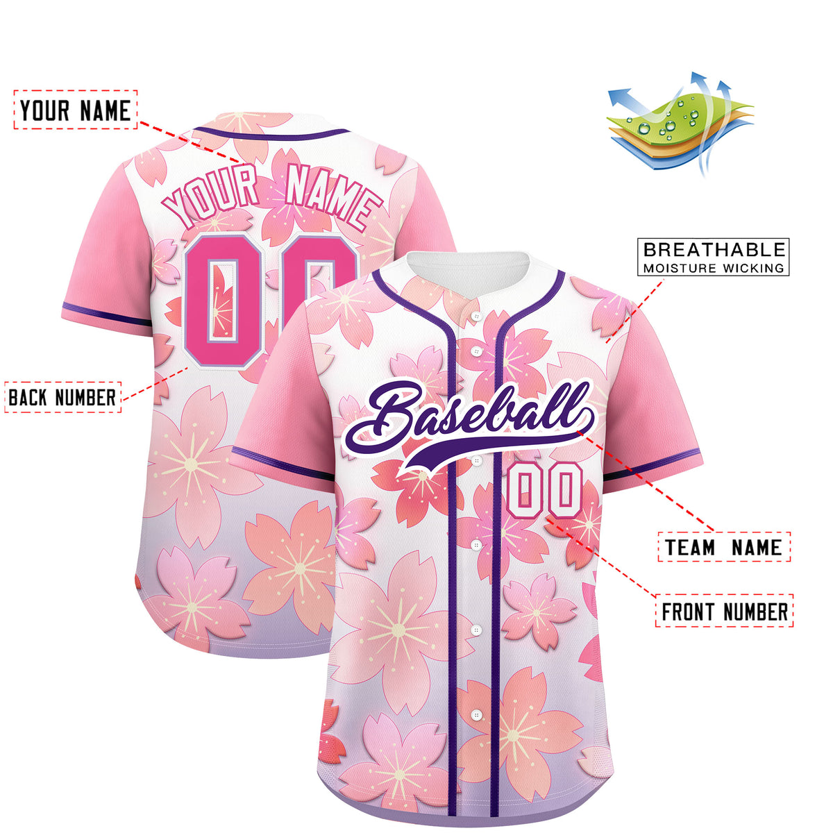 Custom Light Purple Pink Gradient Fashion Elastic Baseball Jersey| KXKSHOP