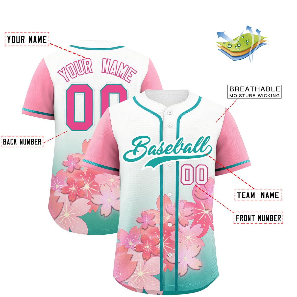 Custom Aqua Pink Gradient Fashion Elastic Baseball Jersey| KXKSHOP