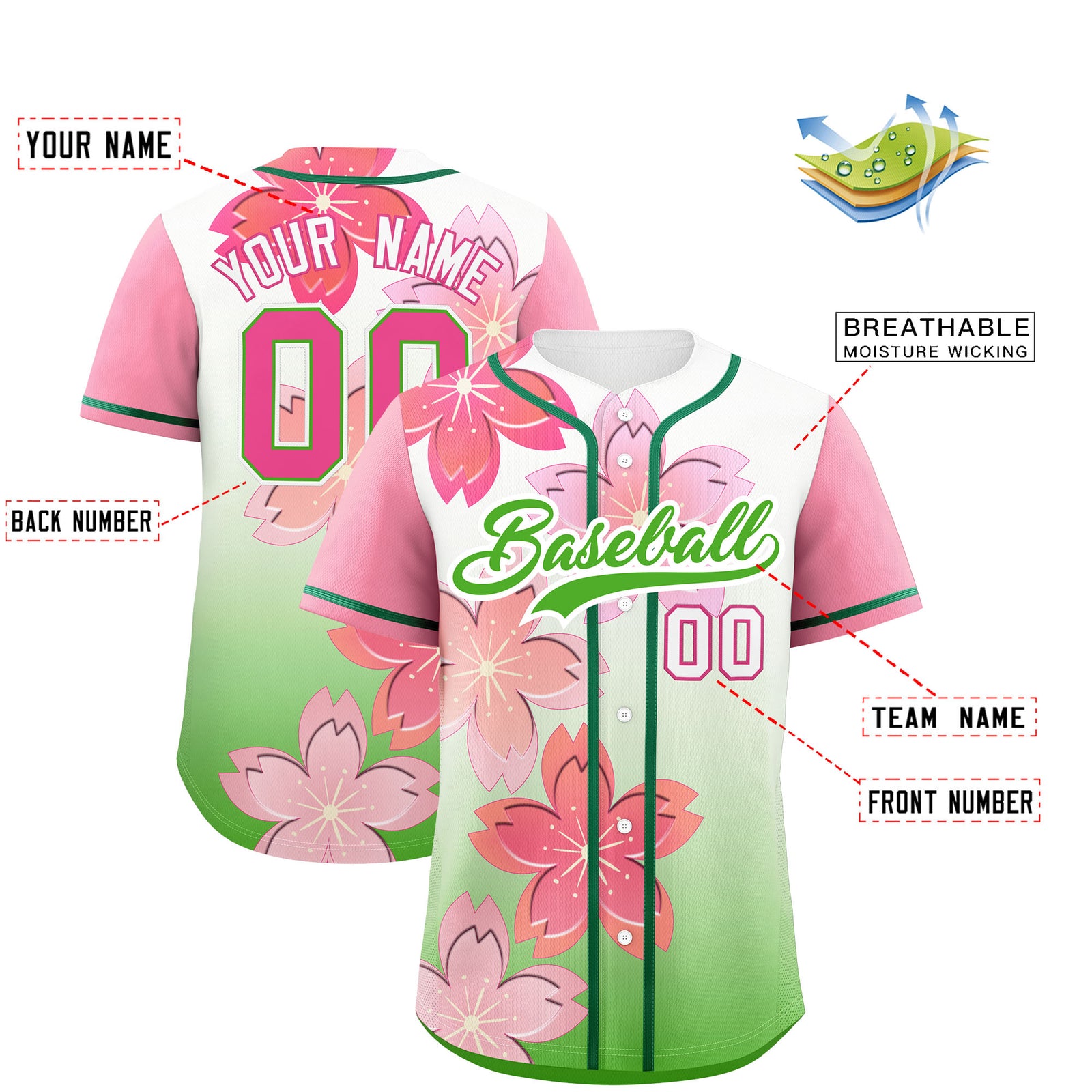 Custom Light Green Pink Gradient Fashion Elastic Baseball Jersey| KXKSHOP