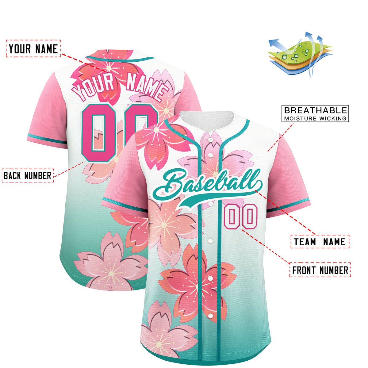 Custom Aqua Pink Gradient Fashion Elastic Baseball Jersey| KXKSHOP