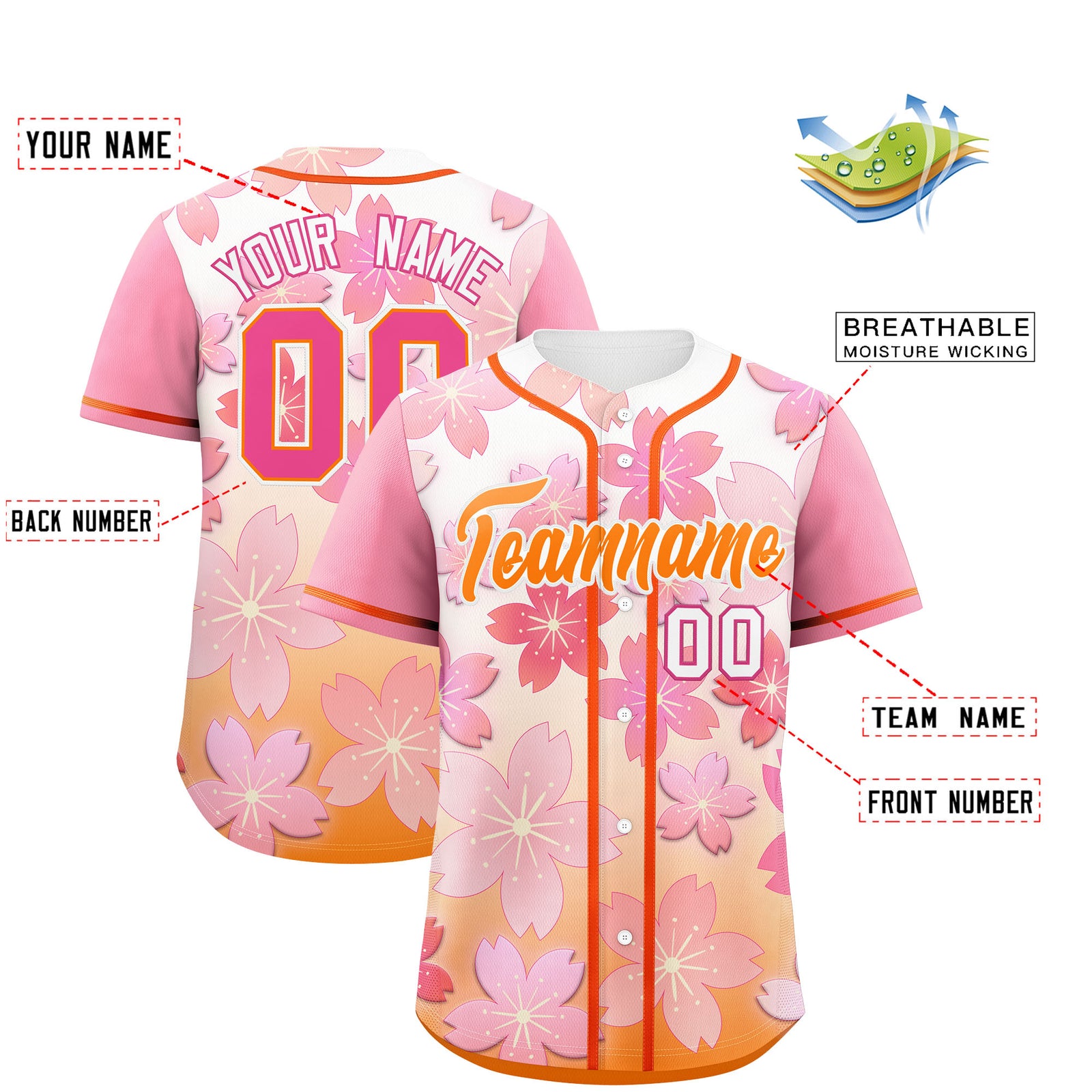 Custom Gold Orange Pink Gradient Fashion Elastic Baseball Jersey| KXKSHOP