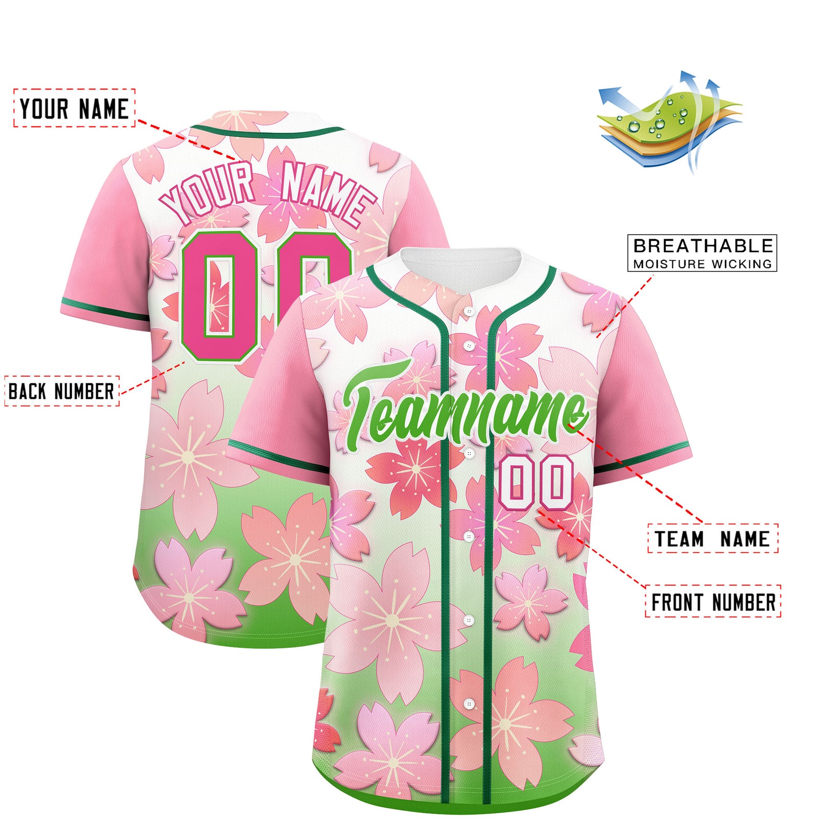 Custom Light Green Pink Gradient Fashion Elastic Baseball Jersey| KXKSHOP