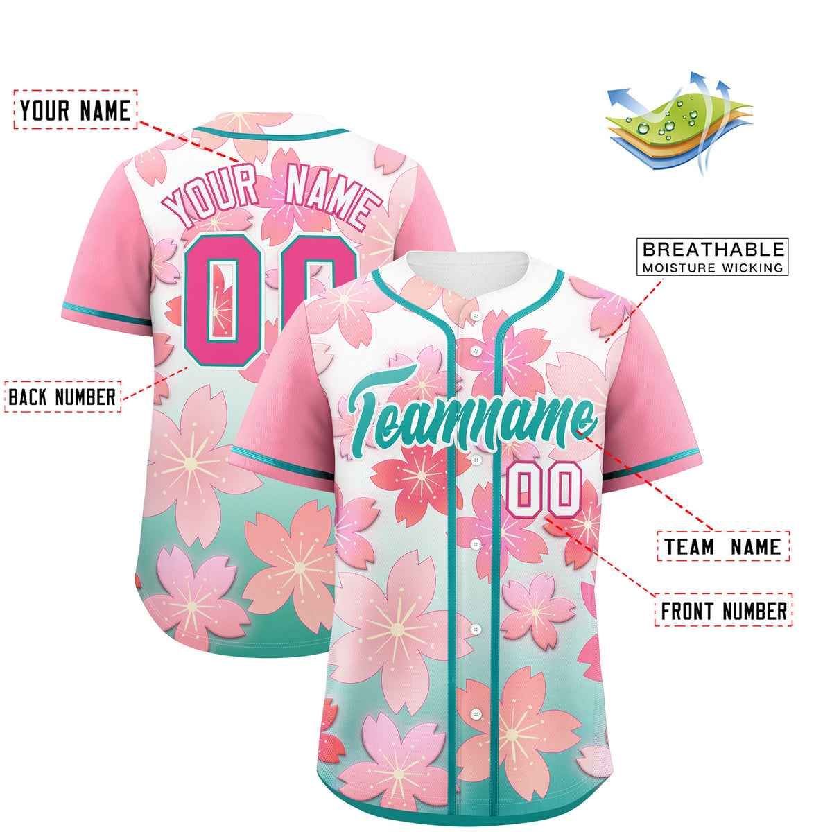 Custom Aqua Pink Gradient Fashion Elastic Baseball Jersey| KXKSHOP