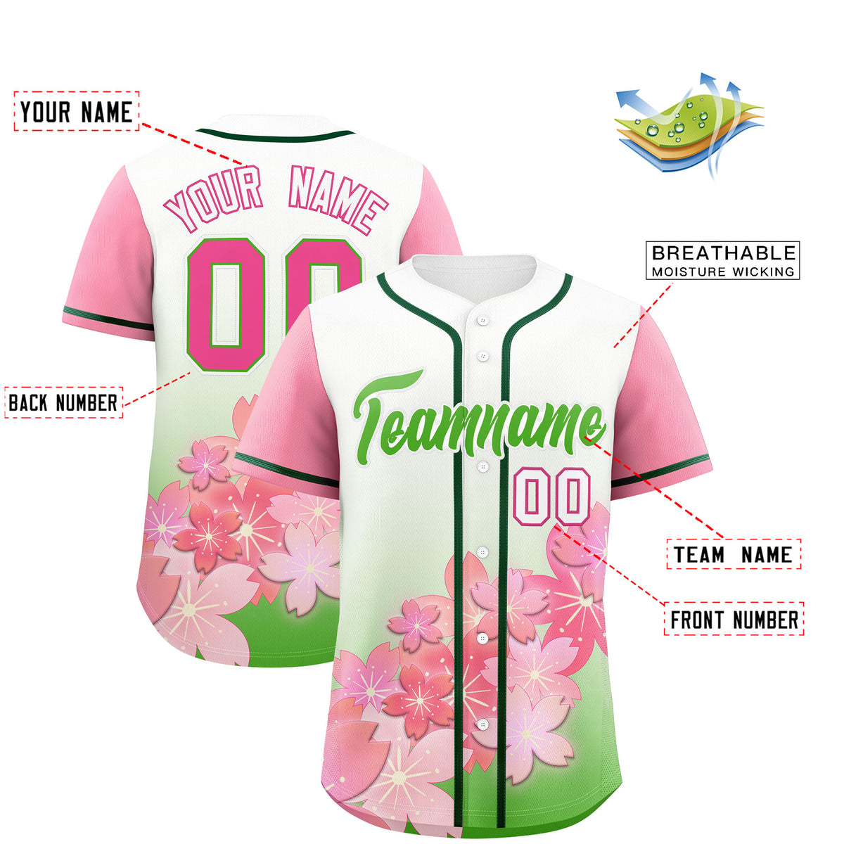 Custom Light Green Pink Gradient Fashion Elastic Baseball Jersey| KXKSHOP
