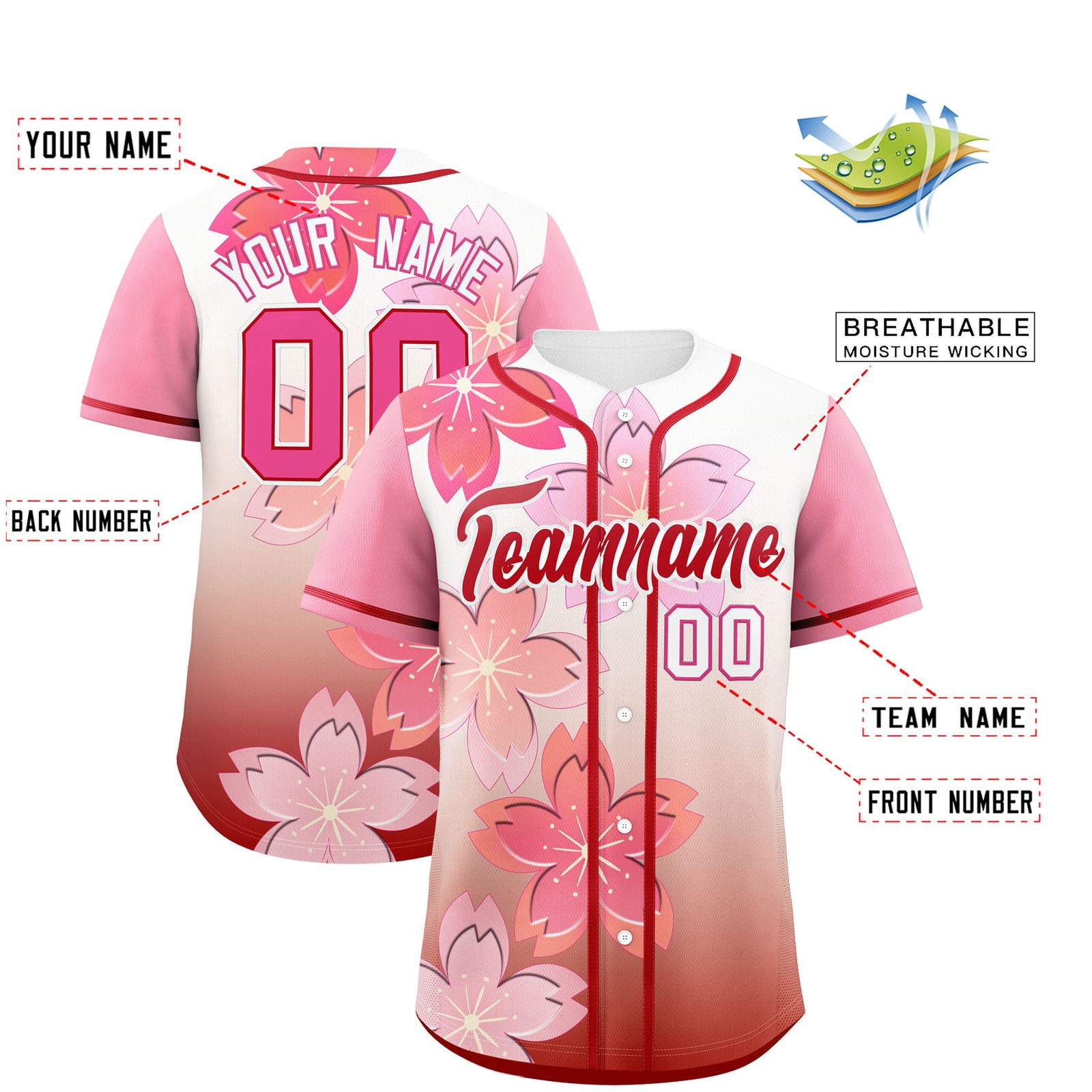 Custom Red Pink Gradient Fashion Elastic Baseball Jersey| KXKSHOP