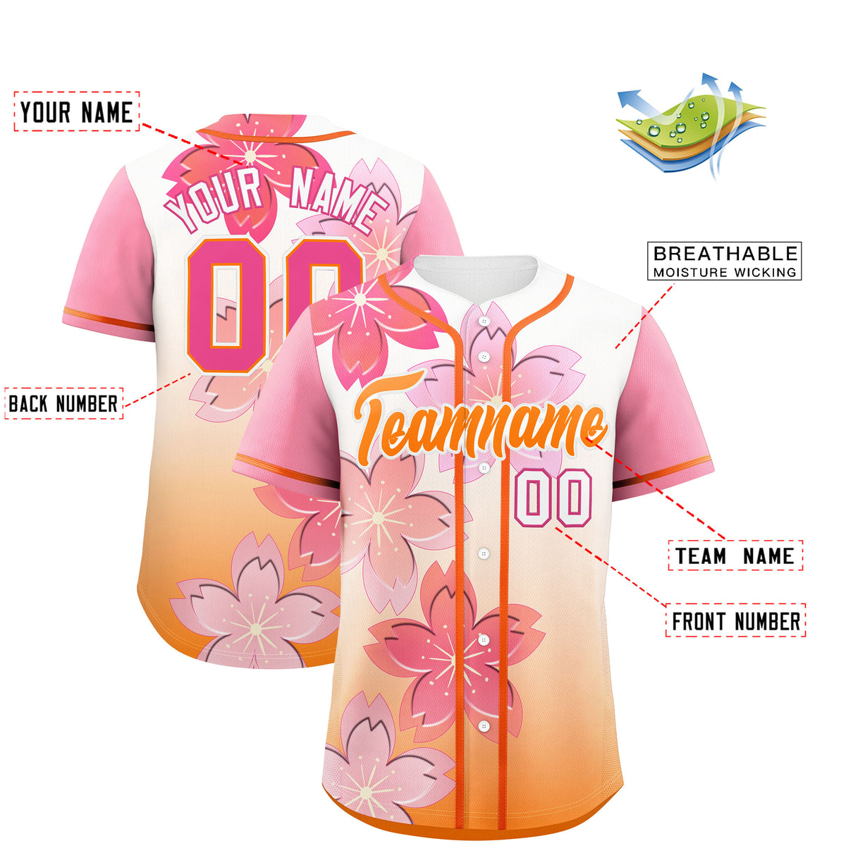 Custom Gold Orange Pink Gradient Fashion Elastic Baseball Jersey| KXKSHOP