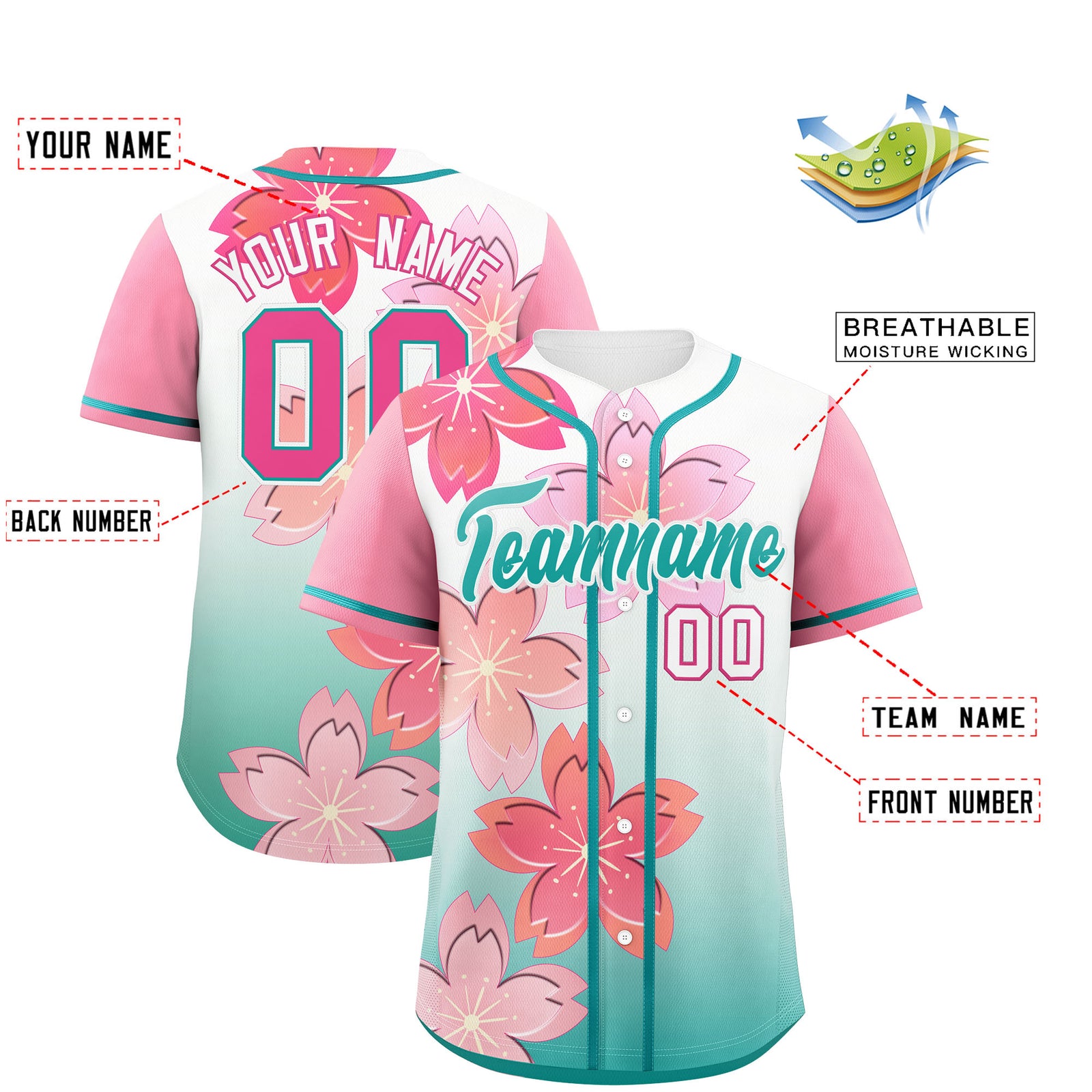 Custom Aqua Pink Gradient Fashion Elastic Baseball Jersey| KXKSHOP