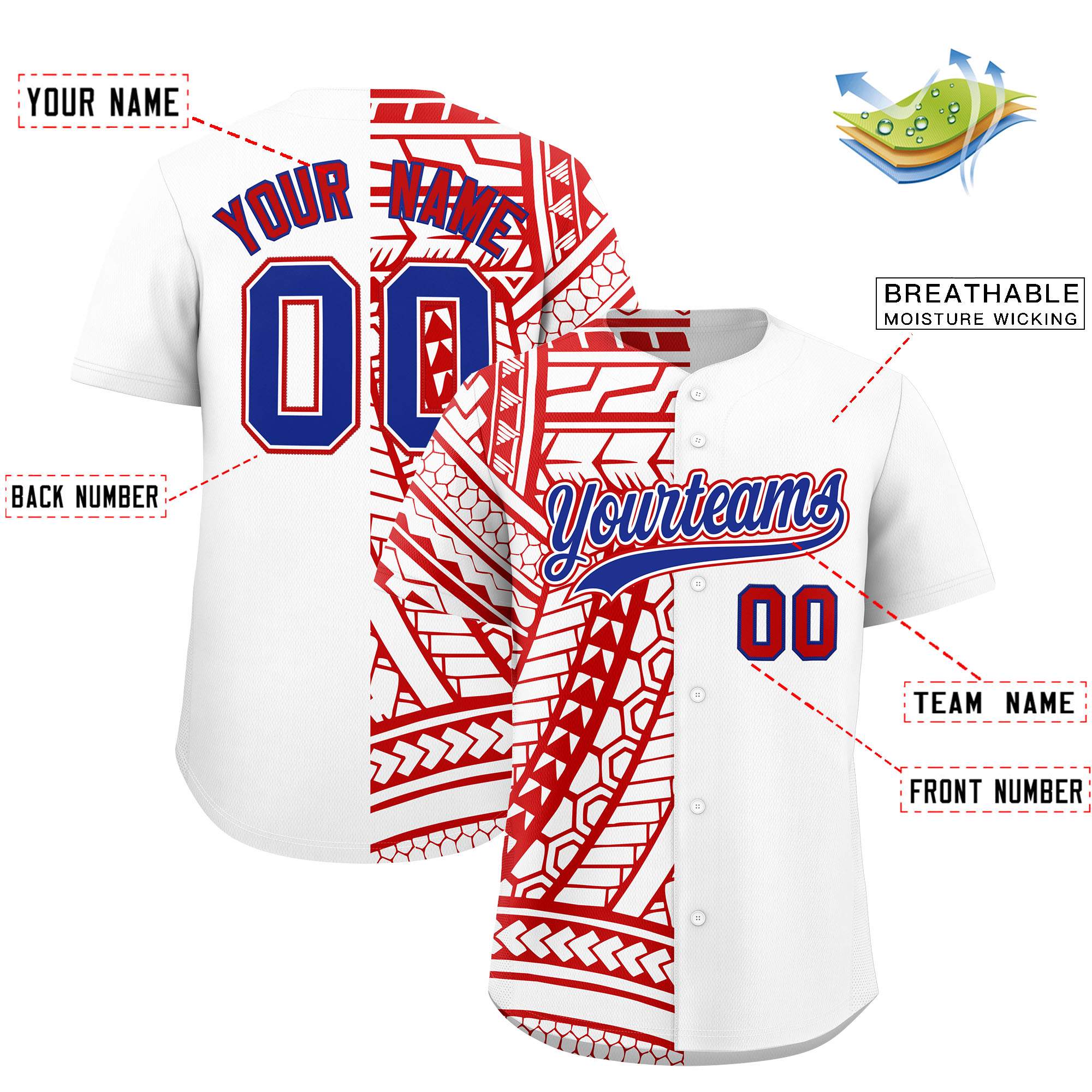 Custom White Red Split Fashion Tribal Pattern Authentic Baseball Jersey