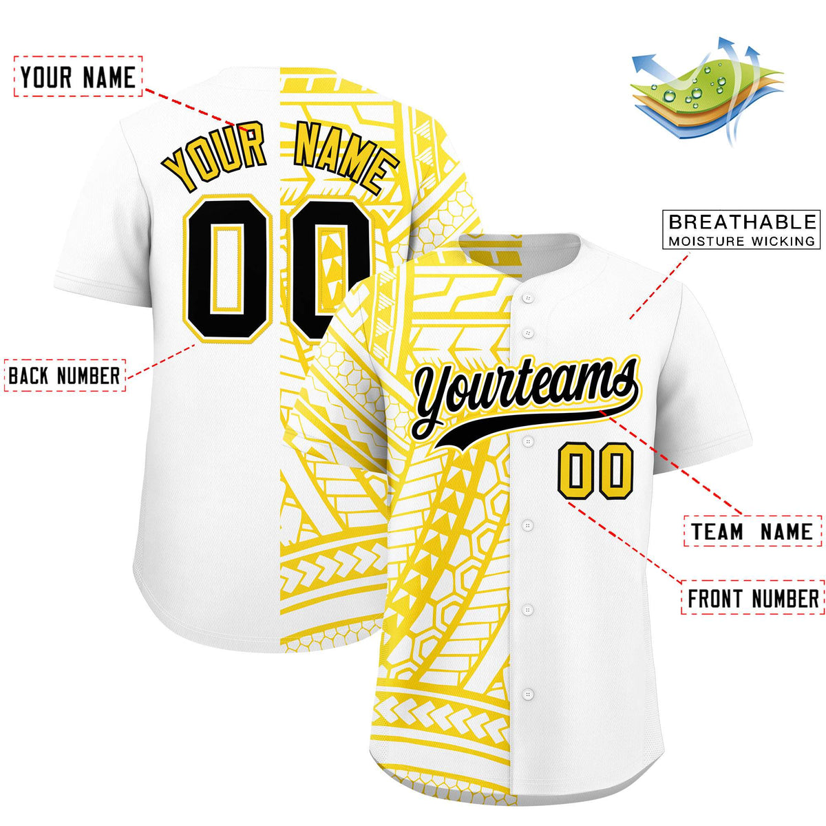 Custom White Gold Split Fashion Tribal Pattern Authentic Baseball Jersey