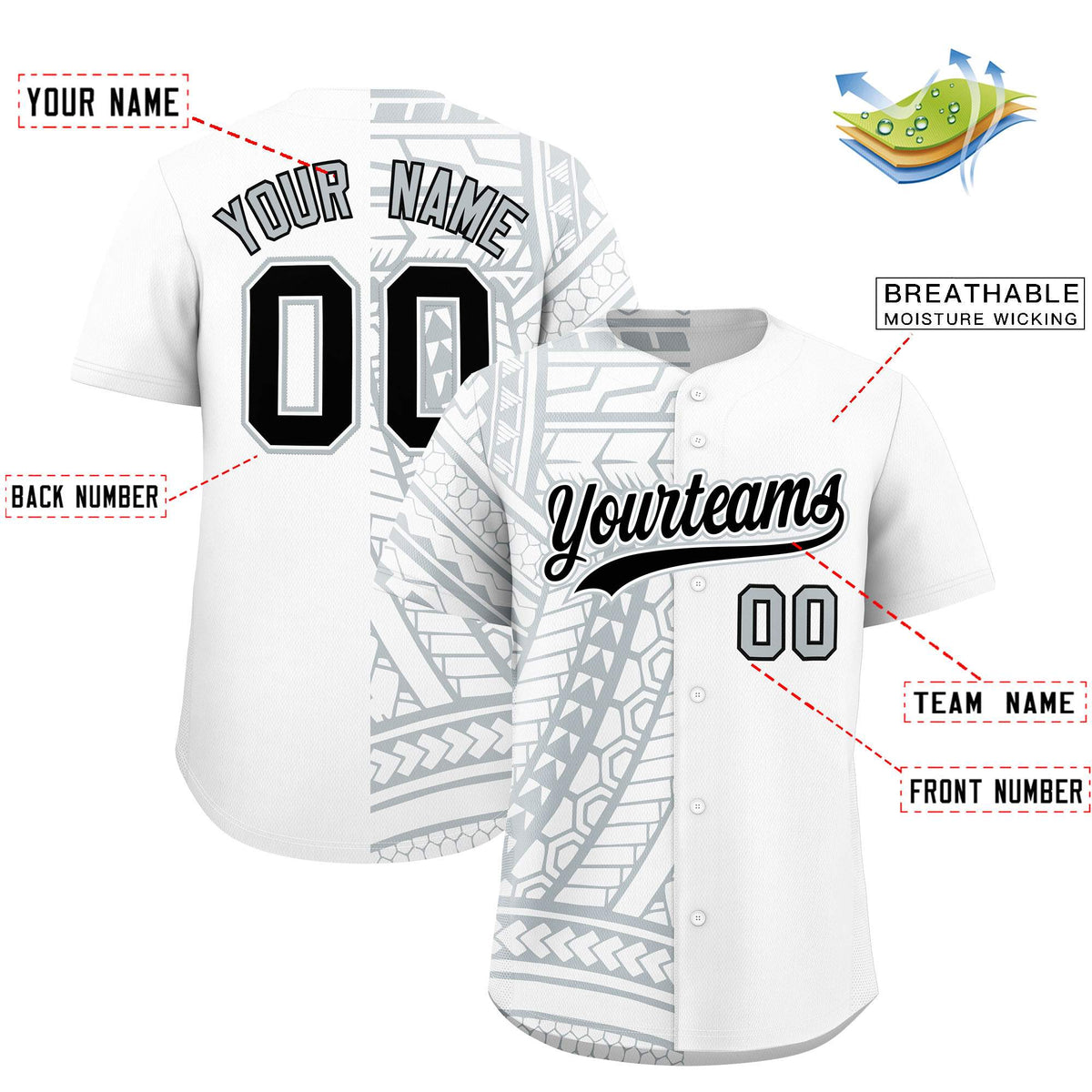 Custom White Silver Split Fashion Tribal Pattern Authentic Baseball Jersey