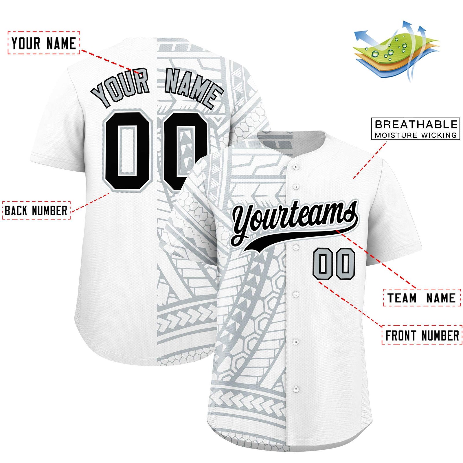 Custom White Silver Split Fashion Tribal Pattern Authentic Baseball Jersey