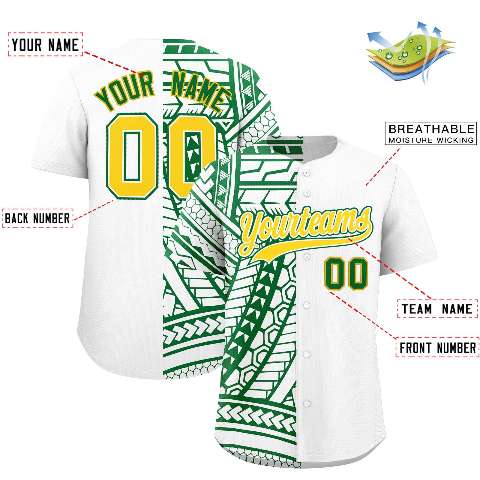 Custom White Kelly Green Split Fashion Tribal Pattern Authentic Baseball Jersey